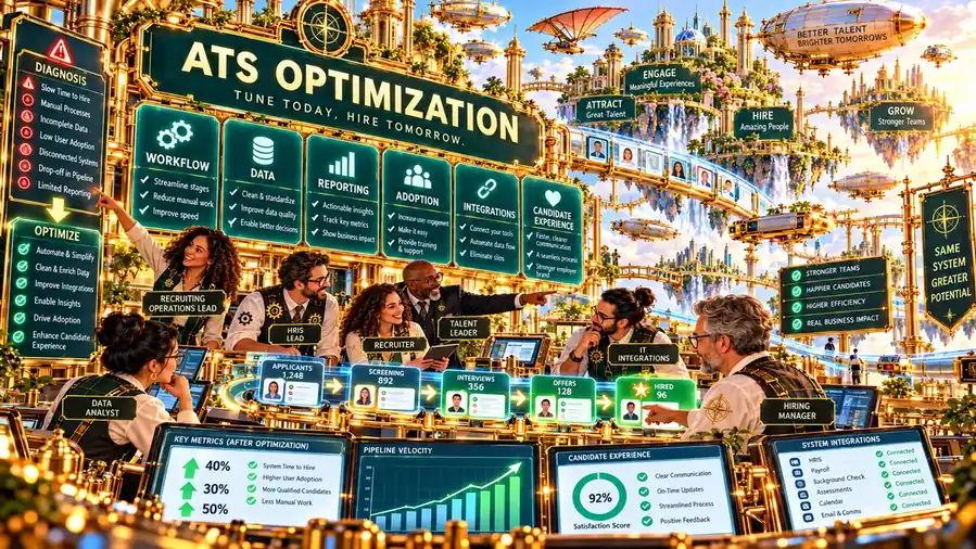 Recruiting operations, HRIS, IT and talent leaders optimizing ATS workflow, data, reporting, adoption, integrations and candidate experience in a lively retro-futurist recruiting control center.