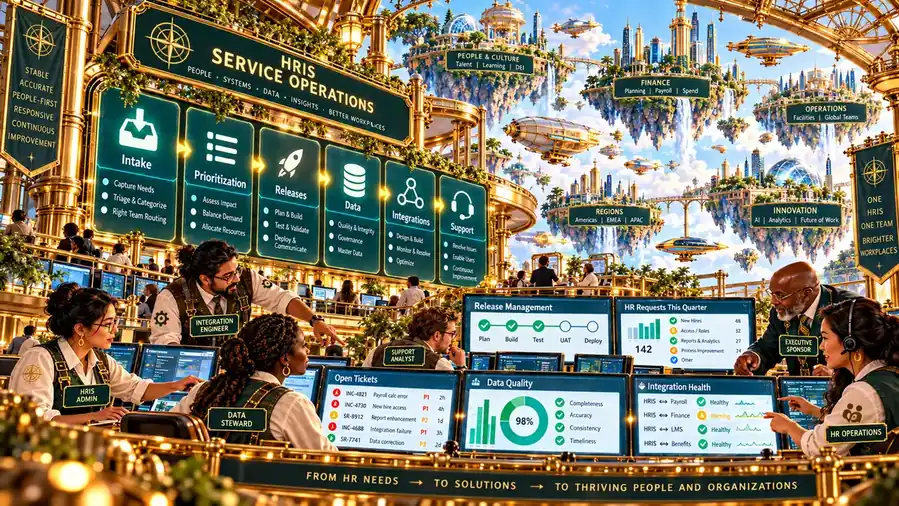 A diverse HRIS operations team managing intake, prioritization, releases, data, integrations and support from a retro-futurist service operations command center.