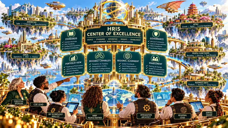 An HRIS Center of Excellence coordinating standards, governance, portfolio, reusable capability, regional alignment and enablement across a connected global sky-city.
