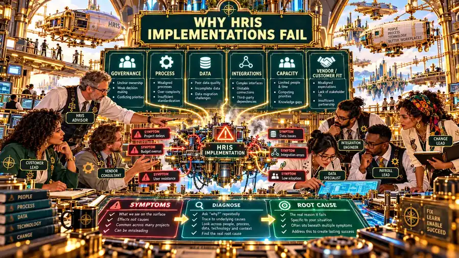 An HRIS diagnostic workshop tracing project symptoms back to governance, process, data, integrations, capacity and vendor-customer fit.