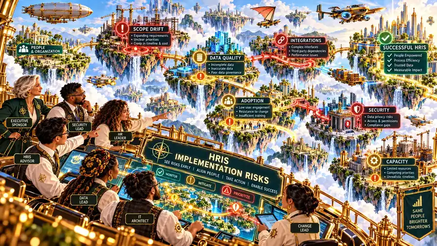 A cross-functional HRIS team mapping implementation risks across scope drift, data quality, integrations, adoption, security and capacity in a connected floating-city landscape.