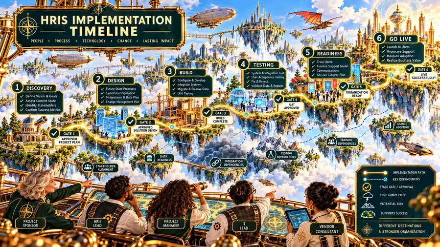 An HRIS implementation journey across distinct milestone islands from discovery and design through build, testing, readiness and go-live, viewed from a project navigation deck.